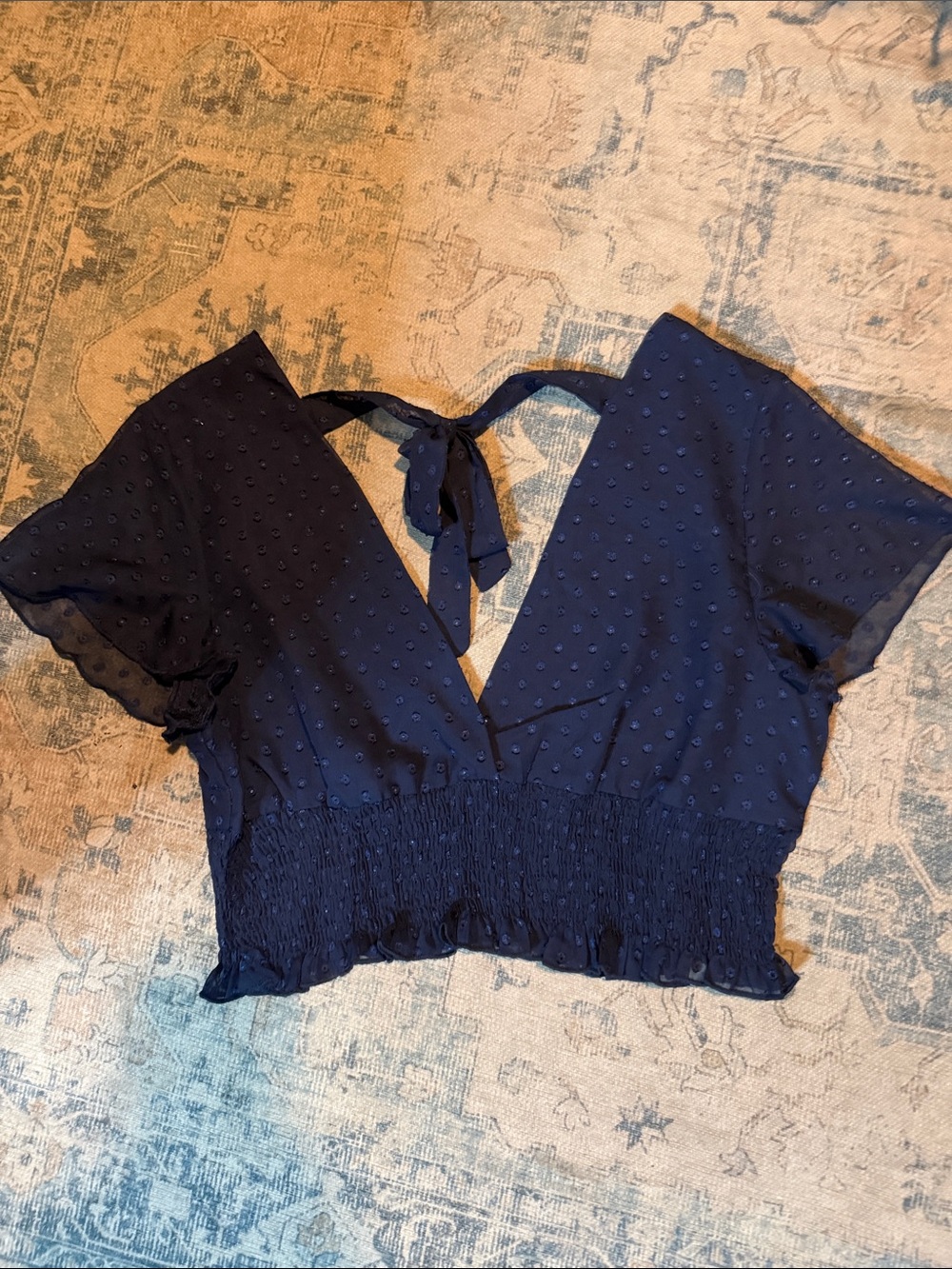 SHEIN NWOT Navy Swiss Dot Tie-Back Smocked Crop Top